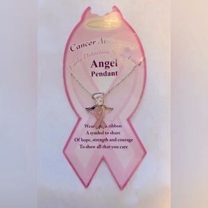 BREAST CANCER AWARENESS PINK RIBBON CRYSTAL ANGEL PENDANT NECKLACE ON CARD